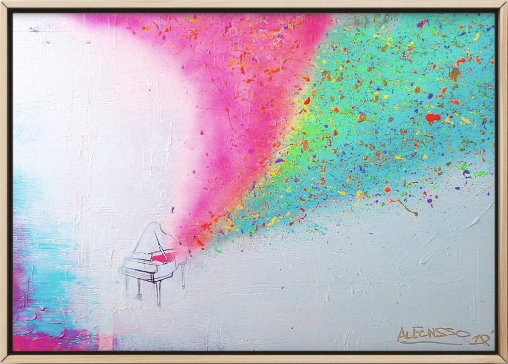 VISUAL RHYTHMS: PIANO is a large-scale abstract painting that invites viewers to experience the harmony between sound and visual art. Rather than depicting a piano literally, the artwork uses bold, energetic forms and vibrant colors to evoke the emotional resonance and dynamic energy of music. Visual Elements Abstract Composition: The painting features a lively arrangement of shapes and lines, suggesting movement and rhythm reminiscent of musical notes or piano keys, but without any direct figurative representation. Color Palette: Alfonsso employs a technicolor-like effect with robust, contrasting hues—possibly including vivid blues, reds, yellows, and blacks—creating a sense of depth and vibrancy. Texture and Flow: The brushwork and layering of acrylic paint add texture, enhancing the sense of motion and rhythm throughout the piece. Mood: The overall effect is uplifting and dynamic, inviting viewers to interpret the visual rhythms as a metaphor for music, emotion, or life itself. Artistic Context Christopher Alfonsso is known for blending classical and modern art influences, often combining abstract and figurative elements. His works are informed by a wide range of cultural and artistic traditions, and he seeks to create a "unified theory of art" that merges realism, decoration, and abstraction. "VISUAL RHYTHMS: PIANO" exemplifies his approach, using color, form, and composition to evoke both personal and universal experiences.