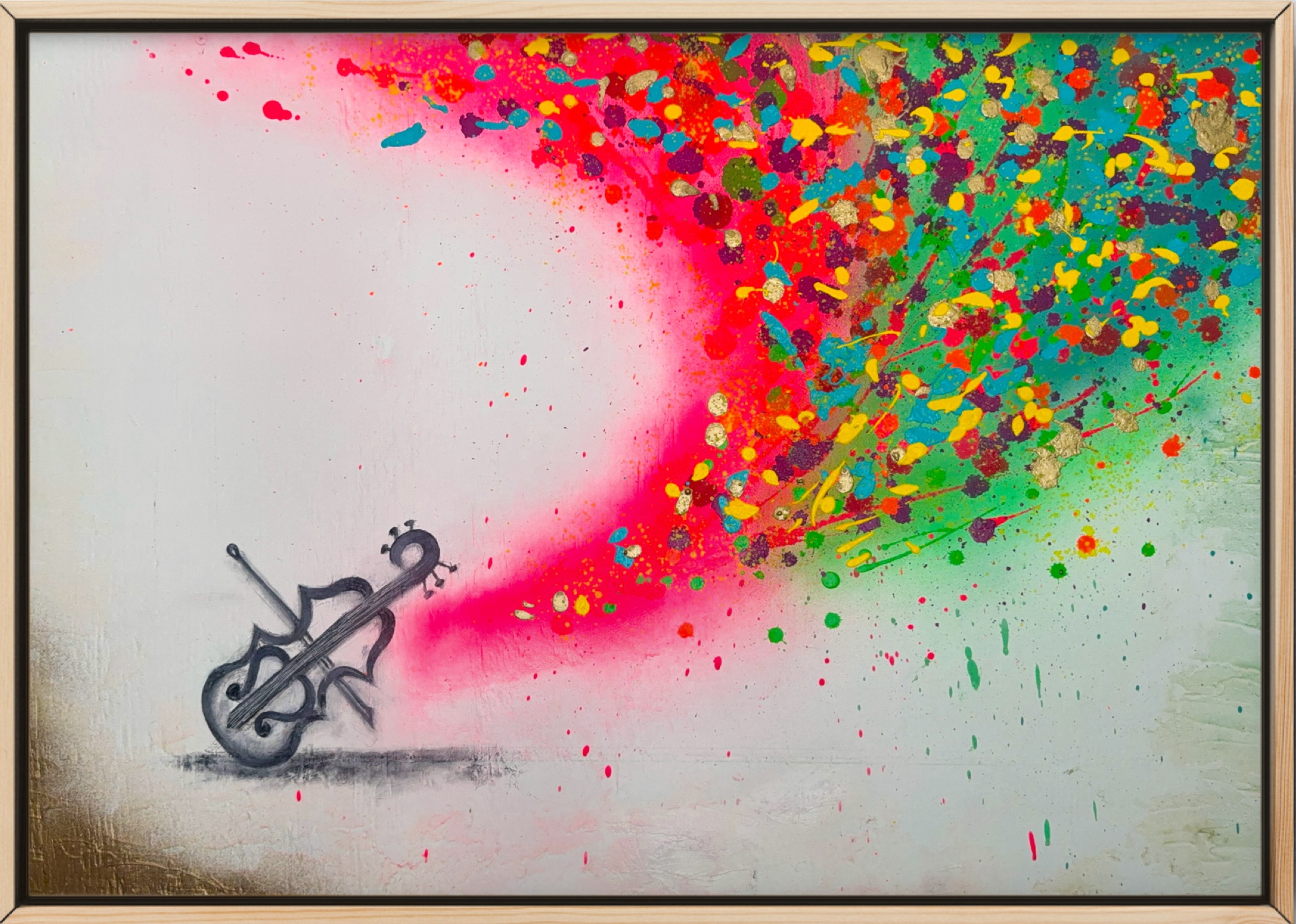 The composition of VISUAL RHYTHMS: VIOLIN is characterized by vibrant, splashing and swirling patterns that evoke the fluidity and emotion of a violin performance. The interplay of colors and forms suggests movement and rhythm, inviting viewers to experience the harmony between sound and visual art. The absence of a literal depiction of the violin allows the viewer to focus on the emotional resonance and energy conveyed through abstract forms and bold colors. This artwork is a contemporary exploration of how music can be translated into visual language, offering a multi-sensory experience that bridges auditory and visual art forms.
