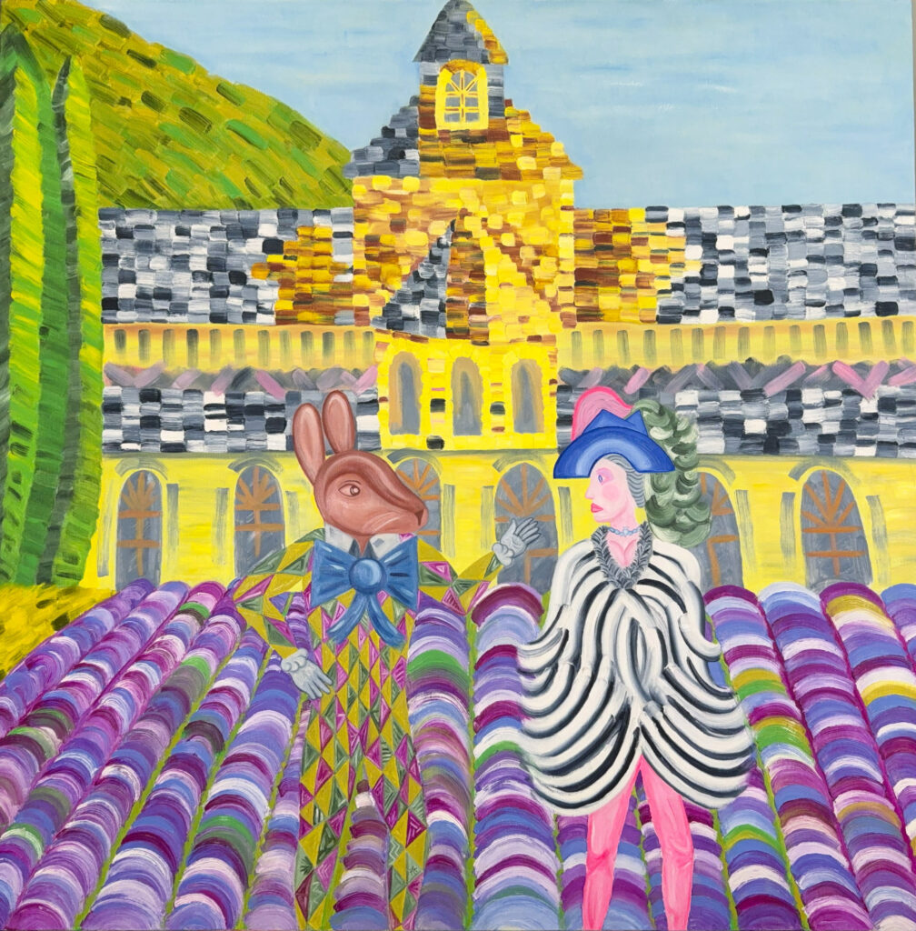 HARELQUIN & CHARLATAN is a vibrant oil painting on canvas, created by contemporary artist Christopher Alfonsso. The artwork depicts a curious and whimsical encounter between two figures set amidst the lavender fields of the Chateau l'Abbaye in the Provence region of France.  Composition Features:  Two Distinct Figures: One or both are likely adorned in harlequin-inspired attire, reflecting the painting's title. Their costumes may feature bold, geometric patterns and playful colors, evoking the spirit of classic commedia dell'arte characters.  Lavender Fields: The background is filled with lush, purple-hued lavender, creating a dreamy and aromatic atmosphere typical of Provence.  Neo-Classical and Modern Blend: Alfonsso's signature style is evident in the painting’s fusion of classical figurative elements with modern, abstract, and even surreal details. This approach results in a technicolor-like effect, with vibrant colors and dynamic brushwork.  Atmosphere: The scene is both lively and mysterious, inviting viewers to interpret the relationship between the characters and the narrative unfolding in this picturesque French landscape.  This painting was exhibited at the Orlando Museum of Art (OMA) in 2020, highlighting its recognition in the contemporary art scene. 