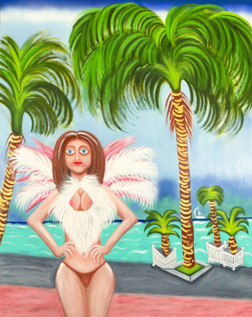 MODEL Á LA PLAGE is a striking, large-scale painting created with oil and spray paint on canvas. The artwork radiates the festive spirit of carnival, set against the sunny, vibrant backdrop of a beach in the South of France.  Visual Elements Subject: The painting features a portrait of a model at the beach, rendered in a style that blends realism with abstract and surreal elements.  Color Palette: Alfonsso employs a technicolor-like effect, using bold, vibrant colors reminiscent of Fauvism and Pop Art. The hues are lively and saturated, evoking a sense of joy and celebration.  Style: The piece seamlessly combines figurative and abstract techniques. You may notice expressive brushstrokes, dynamic shapes, and possibly graffiti-like marks from the spray paint, all contributing to a modern, energetic composition.  Mood: The overall atmosphere is playful and exuberant, capturing the "joie de vivre" (joy of living) that is central to Alfonsso’s work.