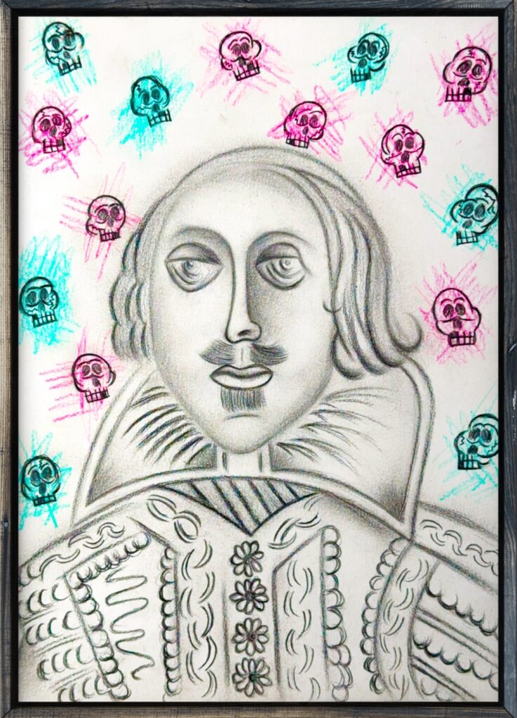 SHAKESPEARE WITH SKULLS by Christopher Alfonsso is a striking charcoal drawing on paper. The artwork presents a portrait of William Shakespeare rendered with a modern pop art sensibility while referencing classical themes. Shakespeare is depicted in a traditional pose, but the composition is dramatically punctuated by the presence of multiple skulls, evoking the famous "Alas, poor Yorick" motif from Hamlet.   The use of charcoal creates bold contrasts and expressive lines, lending the piece a dynamic, almost theatrical quality. Alfonsso’s approach blends realism with abstract and surreal elements. The skulls may be stylized or arranged in a way that adds a contemporary, almost street-art feel to the classical portrait. The overall effect is both thought-provoking and visually engaging, inviting viewers to reflect on themes of mortality, legacy, and the enduring relevance of Shakespeare’s work.