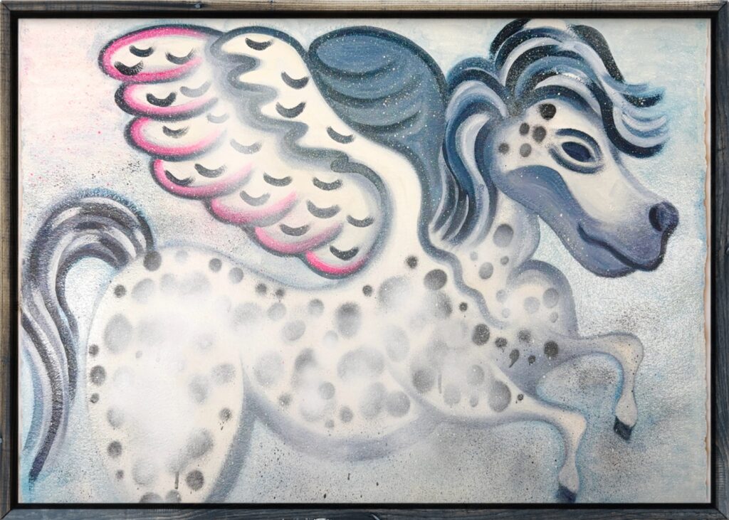 PORTRAIT OF PEGASUS presents a modern, pop art-inspired interpretation of Pegasus, the legendary winged horse from ancient Greek mythology. The painting is executed in oil and spray paint on paper. The image features Pegasus in a dynamic, stylized pose, capturing both the mythic grandeur and the artist’s contemporary flair. The background and the figure are rendered in bold, vivid colors, with energetic brushstrokes and striking contrasts that evoke a sense of movement and vitality. The use of spray paint adds a street-art edge, blending classical subject matter with urban modernity. Alfonsso’s technique merges figurative and abstract elements, resulting in a composition that feels both familiar and dreamlike. The Pegasus is not depicted in a strictly realistic manner; instead, the form is slightly abstracted, with exaggerated features and a technicolor palette that lends the piece a surreal, almost fantastical quality. The horse’s wings are prominent, rendered with sweeping lines and splashes of color that suggest flight and freedom. Overall, the painting invites viewers to reconsider a classic myth through the lens of contemporary art, celebrating both the power of imagination and the enduring allure of ancient stories.