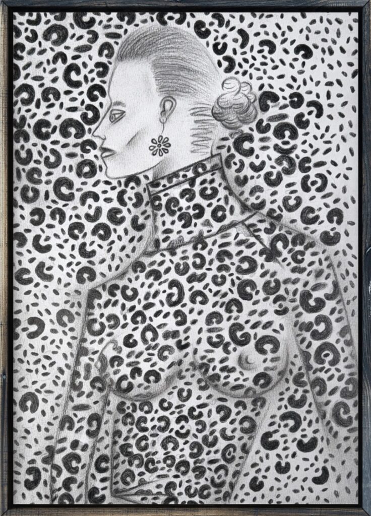 MODEL WITH LEOPARD PATTERN by artist Christopher Alfonsso is a striking charcoal drawing on paper. The artwork presents a portrait of a model rendered with a modern pop art sensibility while referencing a high-fashion theme. The subject is depicted in a traditional pose, but the composition is dramatically punctuated by the presence of an all-encompassing leopard or jaguar pattern, which creates an optical illusion requiring the viewer to focus deeply.   The use of charcoal creates bold contrasts and expressive lines, lending the piece a dynamic, almost theatrical quality. Alfonsso’s approach blends realism with abstract and surreal elements. The resulting effect is highly stylized and arranged in a way that adds a contemporary, almost street-art feel to the pop art portrait. The overall effect is both thought-provoking and visually engaging, inviting viewers to reflect on themes of primal instincts. The piece showcases dramatic contrasts, expressive lines, and a sophisticated interplay of realism and abstract design. Perfect for collectors seeking unique, fashion-inspired art with a modern edge, this one-of-a-kind drawing is a testament to Alfonsso’s innovative approach and multicultural artistic vision. Ideal for art lovers, interior designers, and anyone looking to add a touch of avant-garde elegance to their space.