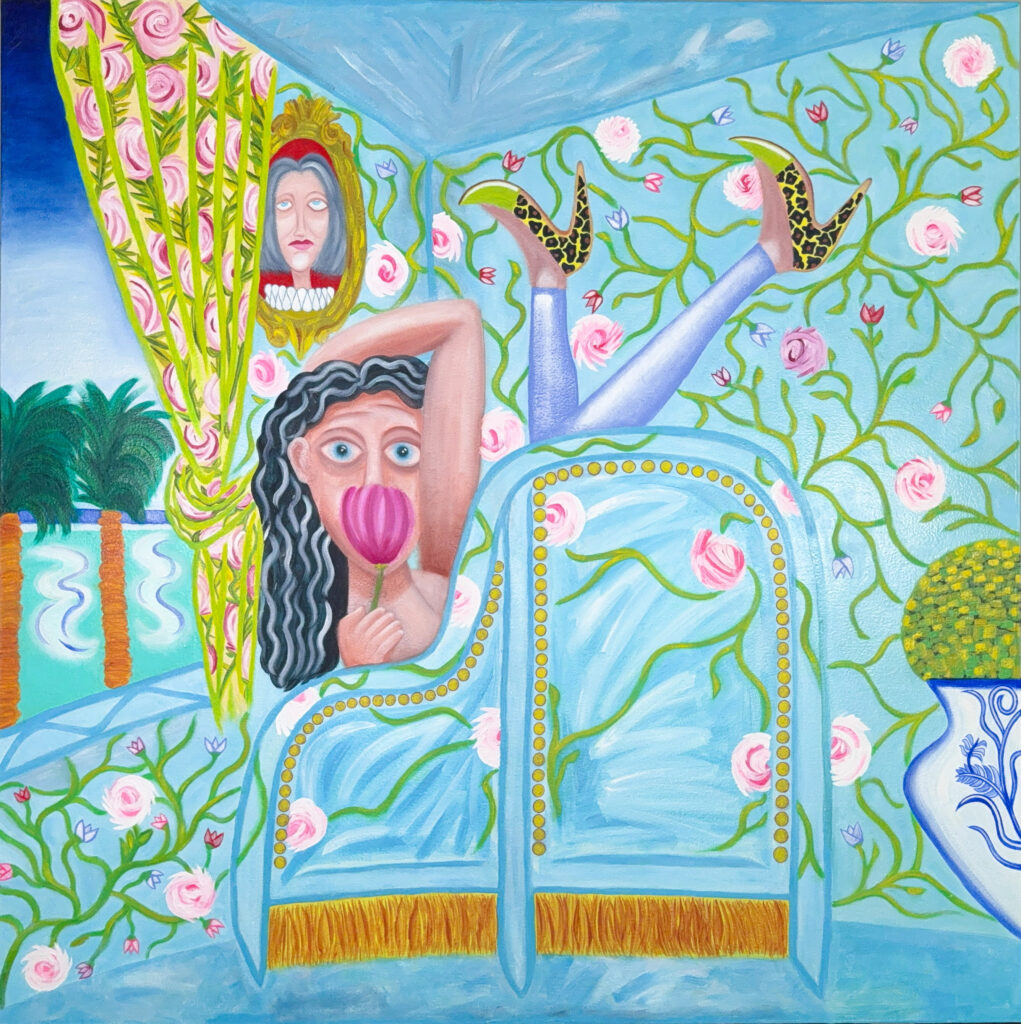 WOMAN IN A BAROQUE CHAIR (BLEU) depicts a vibrant interior scene centered on a woman seated in an ornate, baroque-style chair. The chair itself is lavishly detailed, with elegant curves and decorative flourishes typical of baroque furniture, rendered in rich, bold lines and hues. The woman, poised and contemplative, is positioned near an open window. Through the window, a serene beach landscape is visible, with soft blue tones suggesting the sky and sea, evoking the relaxed, sunlit ambiance of the South of France. The use of color is striking—bright, saturated blues dominate the composition, creating a pop-art effect that feels both modern and timeless. 