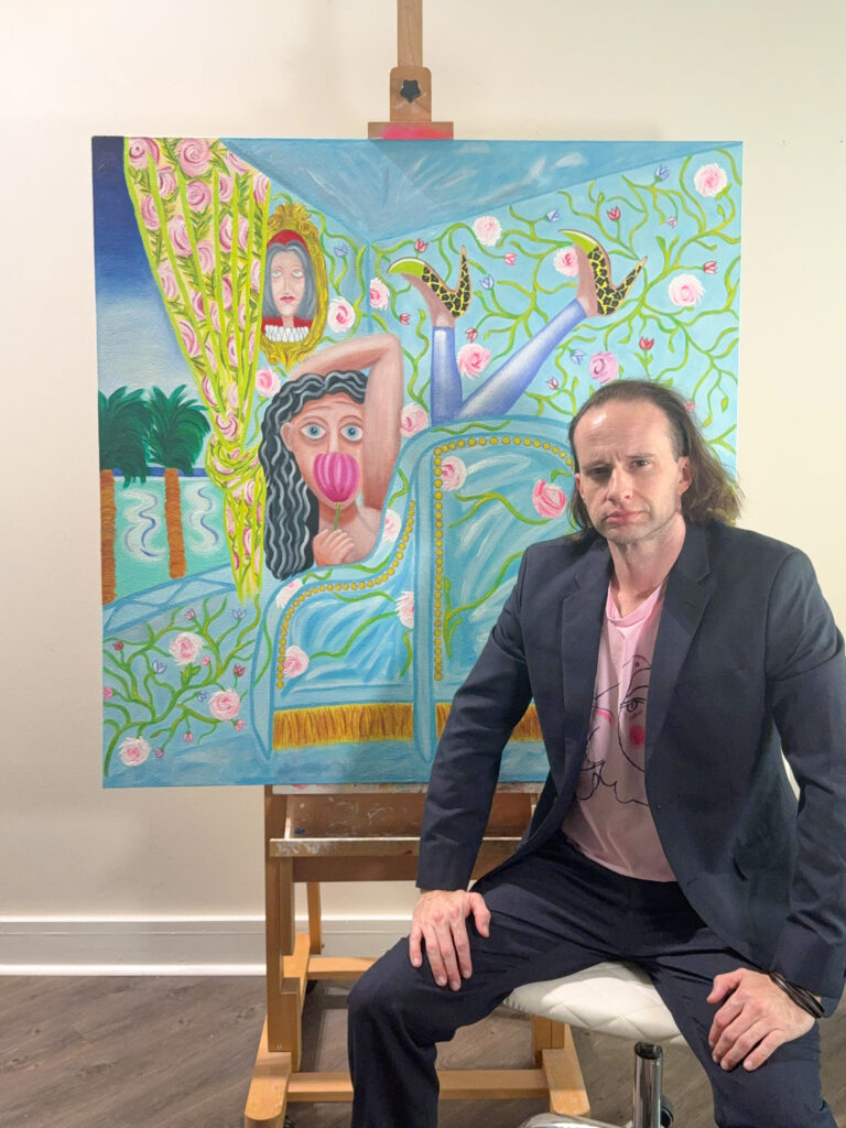 Christopher Alfonsso is a contemporary artist known for his multi-disciplinary paintings that blend elements of multiple styles of classical and modern art, such as impressionism, pop art, and street art. Since childhood, Christopher has been consistently immersed in robust Latin, Asian, European, Caribbean and African creative influences which are all strongly represented in his artworks. Christopher has also gathered artistic influence via a broad variety of multicultural sources, such as traveling to many of the world’s most iconic art institutions, extensively studying modern and ancient art history, classical and modern painting techniques, runway fashion, pop art, beaux-arts architecture, antiquity, art of the baroque period, fauvism, art deco, and various other styles of avant-garde art and design. Christopher’s artistic studies are themselves a raw material element of his artworks. Christopher’s artworks seek to achieve a unified theory of art by seamlessly combining figurative and abstract elements in the same space, while demonstrating a “joie de vivre” style with a technicolor-like effect. This approach eases visual tension resulting from interplay and mutual relations between various elements, such as realism and decoration. His pieces often blend abstract and surreal elements, creating an atmosphere that invites viewers to explore and interpret the work on a deeper level. The use of color, texture, and form in his compositions often evokes emotion and thoughtfulness. Alfonsso’s art can be seen as a reflection of both personal and universal experiences, allowing for a variety of interpretations of what is a unique and compelling style. His work often features vibrant colors and reimagined photographic subjects. WOMAN IN A BAROQUE CHAIR (BLEU) depicts a vibrant interior scene centered on a woman seated in an ornate, baroque-style chair. The chair itself is lavishly detailed, with elegant curves and decorative flourishes typical of baroque furniture, rendered in rich, bold lines and hues. The woman, poised and contemplative, is positioned near an open window. Through the window, a serene beach landscape is visible, with soft blue tones suggesting the sky and sea, evoking the relaxed, sunlit ambiance of the South of France. The use of color is striking—bright, saturated blues dominate the composition, creating a pop-art effect that feels both modern and timeless.  The overall style blends classical and contemporary elements: the figure and chair are rendered with a nod to realism and classical portraiture, while the color palette and brushwork introduce a playful, almost abstract quality. The interplay of indoor luxury and the inviting outdoor scene adds depth and narrative to the piece. The painting conveys a sense of leisure, elegance, and quiet reflection, inviting viewers to imagine the story behind the woman and the world she inhabits.