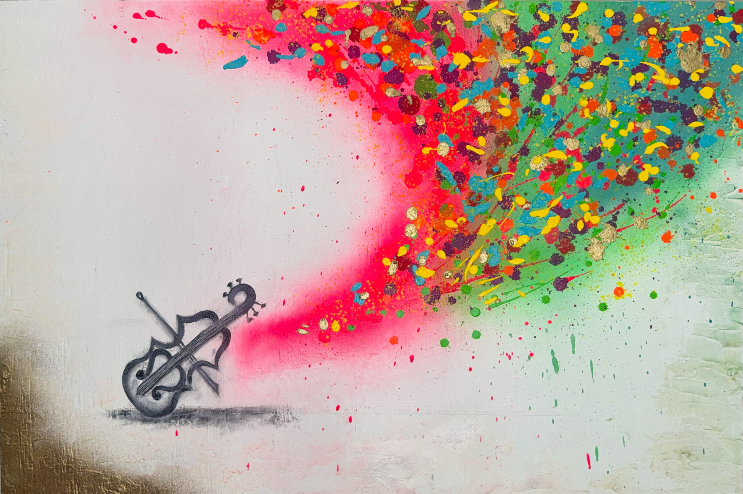 The composition of VISUAL RHYTHMS: VIOLIN is characterized by vibrant, splashing and swirling patterns that evoke the fluidity and emotion of a violin performance. The interplay of colors and forms suggests movement and rhythm, inviting viewers to experience the harmony between sound and visual art. The absence of a literal depiction of the violin allows the viewer to focus on the emotional resonance and energy conveyed through abstract forms and bold colors. This artwork is a contemporary exploration of how music can be translated into visual language, offering a multi-sensory experience that bridges auditory and visual art forms.