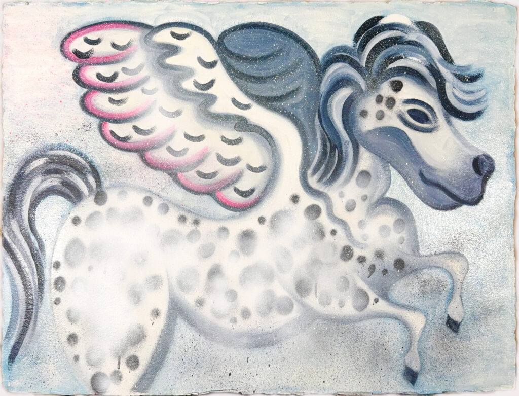 PORTRAIT OF PEGASUS presents a modern, pop art-inspired interpretation of Pegasus, the legendary winged horse from ancient Greek mythology. The painting is executed in oil and spray paint on paper. The image features Pegasus in a dynamic, stylized pose, capturing both the mythic grandeur and the artist’s contemporary flair. The background and the figure are rendered in bold, vivid colors, with energetic brushstrokes and striking contrasts that evoke a sense of movement and vitality. The use of spray paint adds a street-art edge, blending classical subject matter with urban modernity. Alfonsso’s technique merges figurative and abstract elements, resulting in a composition that feels both familiar and dreamlike. The Pegasus is not depicted in a strictly realistic manner; instead, the form is slightly abstracted, with exaggerated features and a technicolor palette that lends the piece a surreal, almost fantastical quality. The horse’s wings are prominent, rendered with sweeping lines and splashes of color that suggest flight and freedom. Overall, the painting invites viewers to reconsider a classic myth through the lens of contemporary art, celebrating both the power of imagination and the enduring allure of ancient stories.