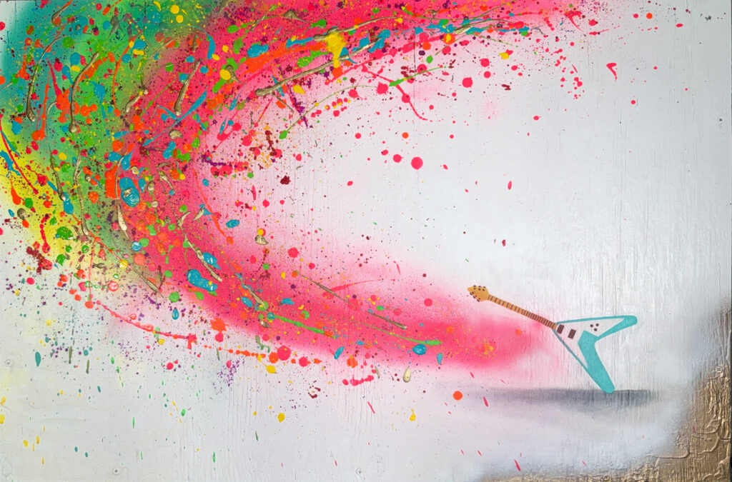 VISUAL RHYTHMS: "GIBSON FLYING V” is a vibrant, abstract interpretation inspired by the iconic Gibson Flying V electric guitar, most famously associated with Jimi Hendrix. The artwork is rendered in acrylic, oil, and spray paint on a wooden panel. At the center of the composition, the unmistakable V-shaped silhouette of the Gibson Flying V guitar emerges, stylized and fragmented into bold, geometric forms. The guitar’s angular body is accentuated by dynamic strokes and contrasting colors, evoking a sense of movement and musical energy. Surrounding the guitar, rhythmic patterns and layered textures pulse outward, suggesting sound waves or the visual energy of rock music.