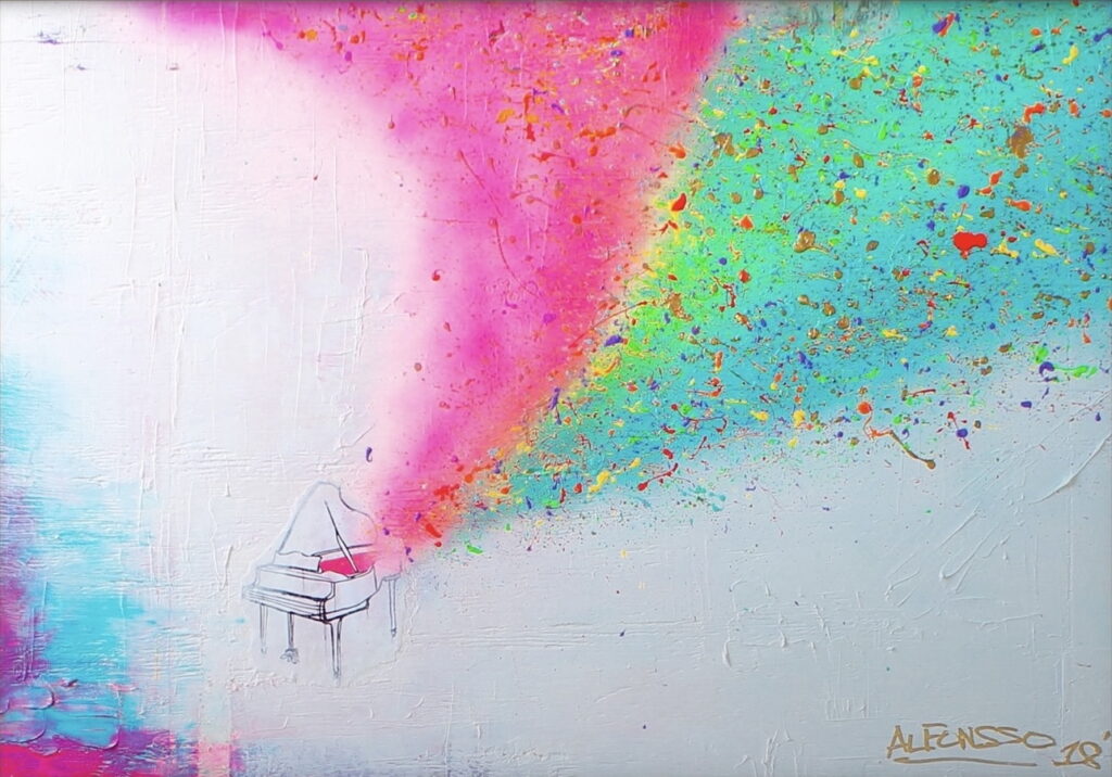 VISUAL RHYTHMS: PIANO is a large-scale abstract painting that invites viewers to experience the harmony between sound and visual art. Rather than depicting a piano literally, the artwork uses bold, energetic forms and vibrant colors to evoke the emotional resonance and dynamic energy of music. Visual Elements Abstract Composition: The painting features a lively arrangement of shapes and lines, suggesting movement and rhythm reminiscent of musical notes or piano keys, but without any direct figurative representation. Color Palette: Alfonsso employs a technicolor-like effect with robust, contrasting hues—possibly including vivid blues, reds, yellows, and blacks—creating a sense of depth and vibrancy. Texture and Flow: The brushwork and layering of acrylic paint add texture, enhancing the sense of motion and rhythm throughout the piece. Mood: The overall effect is uplifting and dynamic, inviting viewers to interpret the visual rhythms as a metaphor for music, emotion, or life itself. Artistic Context Christopher Alfonsso is known for blending classical and modern art influences, often combining abstract and figurative elements. His works are informed by a wide range of cultural and artistic traditions, and he seeks to create a "unified theory of art" that merges realism, decoration, and abstraction. "VISUAL RHYTHMS: PIANO" exemplifies his approach, using color, form, and composition to evoke both personal and universal experiences.
