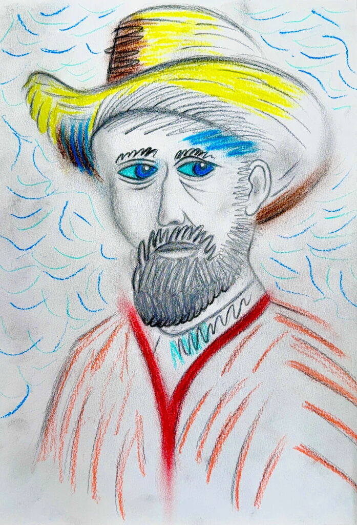 VINCENT VAN GOGH WITH A STRAW HAT is a sophisticated contemporary homage to of Vincent Van Gogh's famed Self Portrait in a Straw Hat, created in 1887. Notably, Pablo Picasso also created a painting late in his life titled "Head of a Man with Straw Hat" in 1971, which art historians and curators note is an homage and explicit reference to van Gogh’s distinctive style and his famous straw hat self-portraits. Through refined lines and nuanced shading, the portrait captures Van Gogh’s intense gaze and distinctive straw hat, translating historical subject matter through a modern lens.