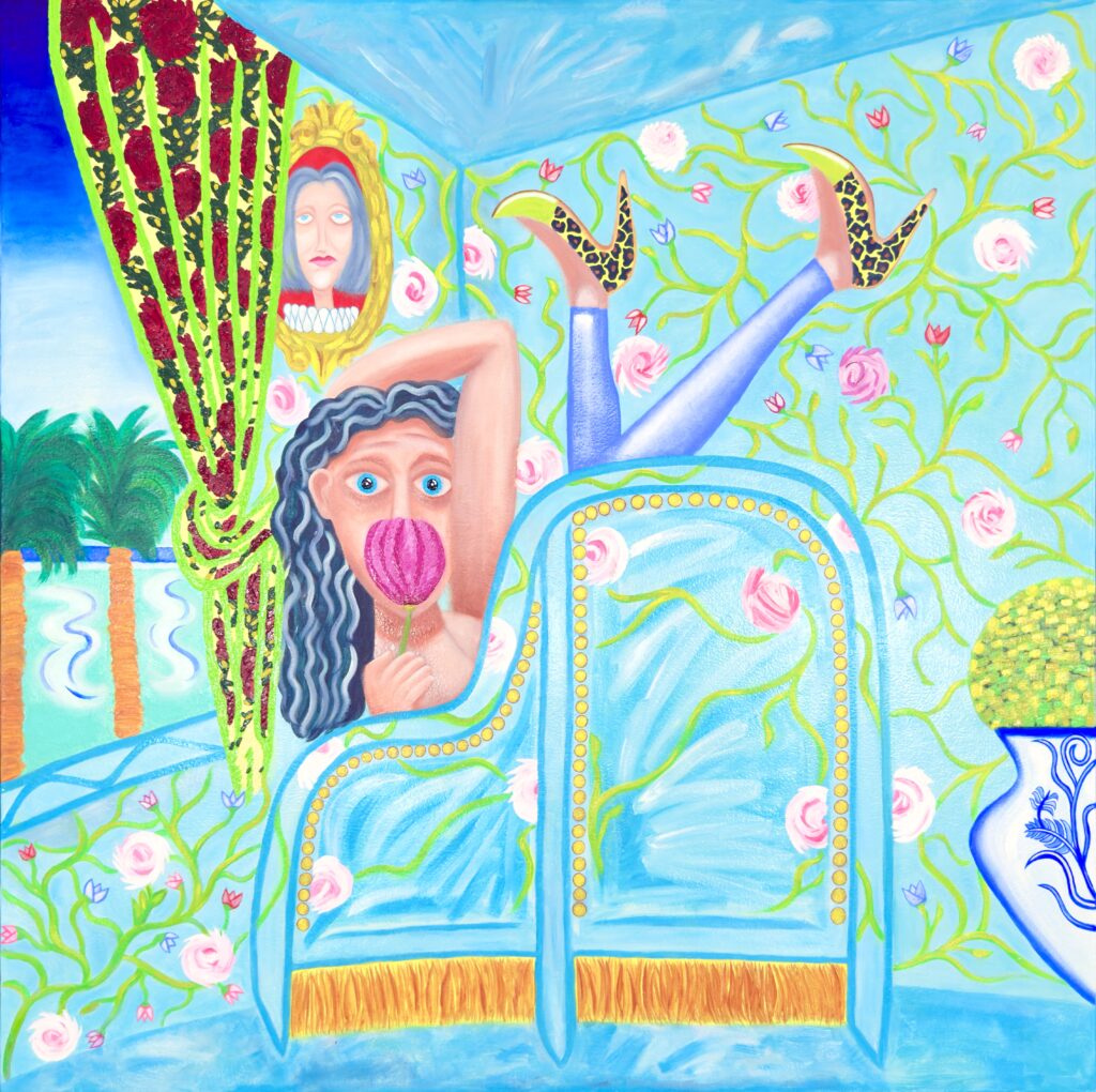 WOMAN IN A BAROQUE CHAIR (BLEU) depicts a vibrant interior scene centered on a woman seated in an ornate, baroque-style chair. The chair itself is lavishly detailed, with elegant curves and decorative flourishes typical of baroque furniture, rendered in rich, bold lines and hues. The woman, poised and contemplative, is positioned near an open window. Through the window, a serene beach landscape is visible, with soft blue tones suggesting the sky and sea, evoking the relaxed, sunlit ambiance of the South of France. The use of color is striking—bright, saturated blues dominate the composition, creating a pop-art effect that feels both modern and timeless. 