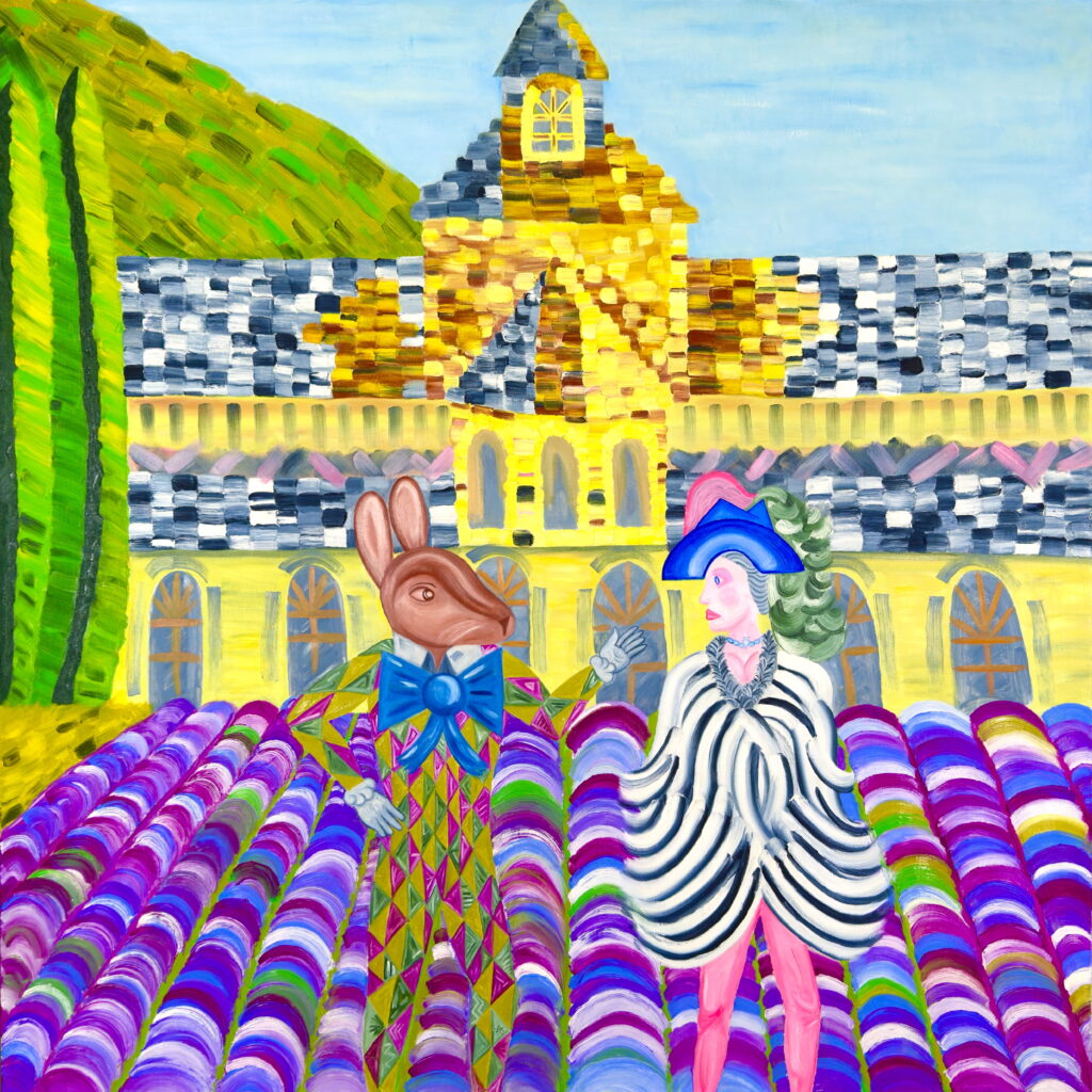HARELQUIN & CHARLATAN WITH CYPRESSES is a vibrant oil painting on canvas, created by contemporary artist Christopher Alfonsso. The artwork depicts a curious and whimsical encounter between two figures set amidst the lavender fields of the Chateau l'Abbaye in the Provence region of France.  Composition Features:  Two Distinct Figures: One or both are likely adorned in harlequin-inspired attire, reflecting the painting's title. Their costumes may feature bold, geometric patterns and playful colors, evoking the spirit of classic commedia dell'arte characters.  Lavender Fields: The background is filled with lush, purple-hued lavender, creating a dreamy and aromatic atmosphere typical of Provence.  Neo-Classical and Modern Blend: Alfonsso's signature style is evident in the painting’s fusion of classical figurative elements with modern, abstract, and even surreal details. This approach results in a technicolor-like effect, with vibrant colors and dynamic brushwork.  Atmosphere: The scene is both lively and mysterious, inviting viewers to interpret the relationship between the characters and the narrative unfolding in this picturesque French landscape.  This painting was exhibited at the Orlando Museum of Art (OMA) in 2020, highlighting its recognition in the contemporary art scene. 