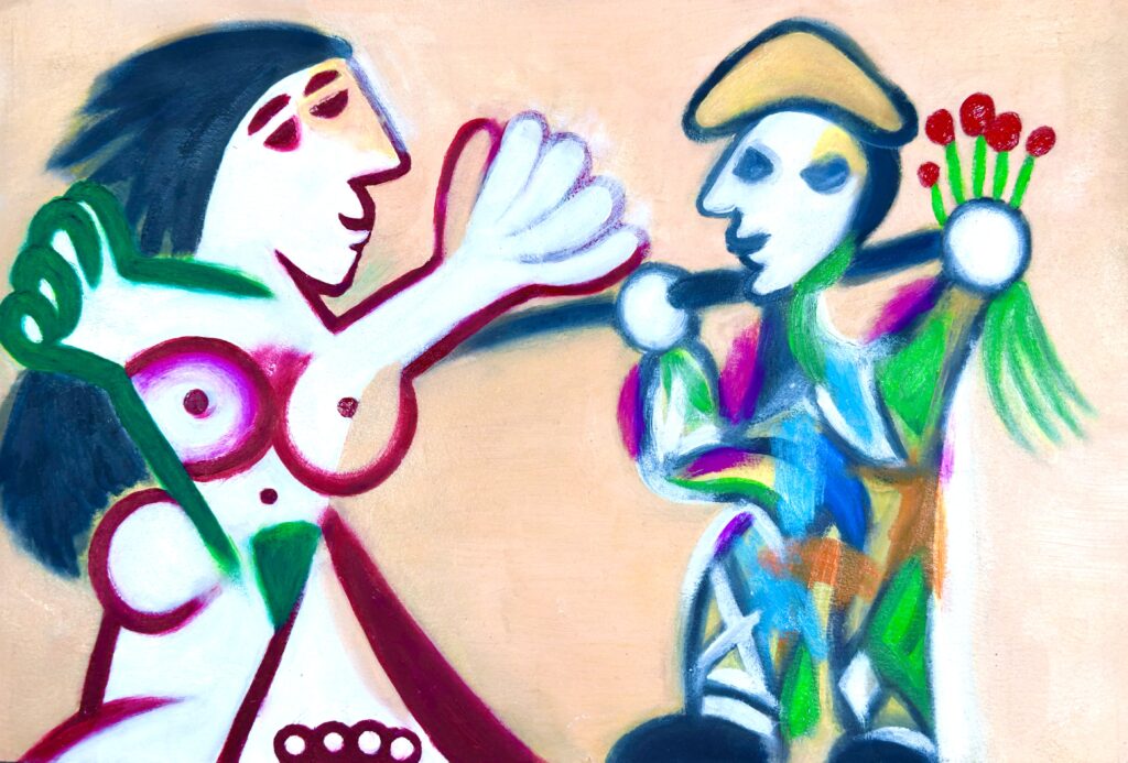 HARLEQUIN WITH NUDE is a variation on a cubist painting by Pablo Picasso that was created in 1970, three years before his death in 1973. the painting was recently offered for sale at auction by Sotheby's.