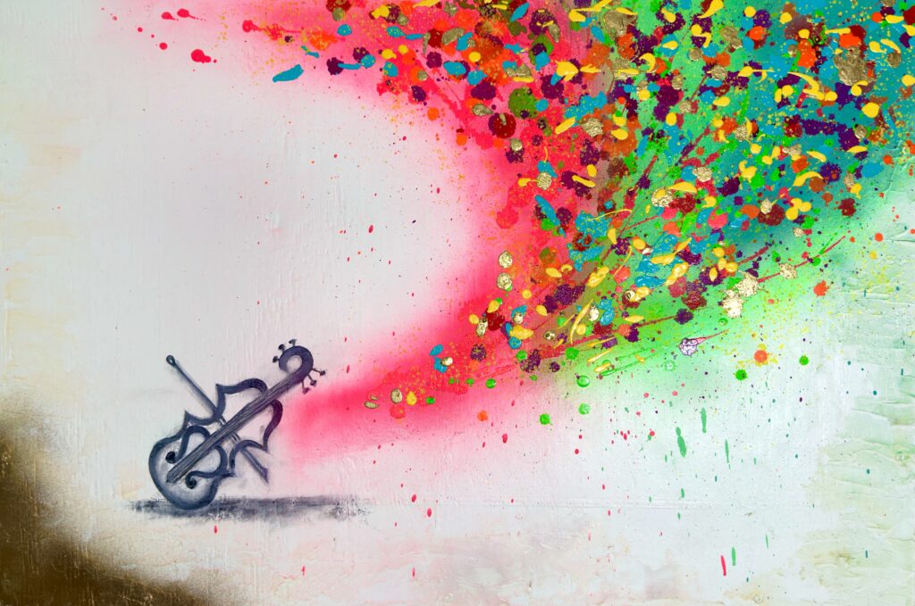 The composition of VISUAL RHYTHMS: VIOLIN is characterized by vibrant, splashing and swirling patterns that evoke the fluidity and emotion of a violin performance. The interplay of colors and forms suggests movement and rhythm, inviting viewers to experience the harmony between sound and visual art. The absence of a literal depiction of the violin allows the viewer to focus on the emotional resonance and energy conveyed through abstract forms and bold colors. This artwork is a contemporary exploration of how music can be translated into visual language, offering a multi-sensory experience that bridges auditory and visual art forms.