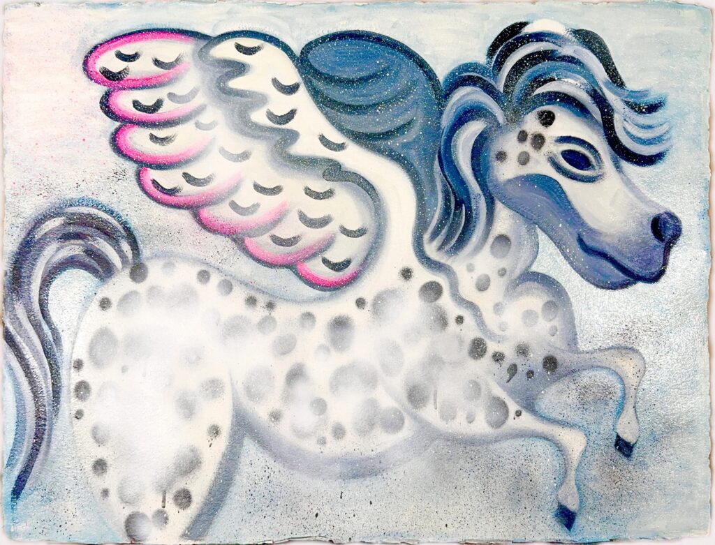 PORTRAIT OF PEGASUS presents a modern, pop art-inspired interpretation of Pegasus, the legendary winged horse from ancient Greek mythology. The painting is executed in oil and spray paint on paper. The image features Pegasus in a dynamic, stylized pose, capturing both the mythic grandeur and the artist’s contemporary flair. The background and the figure are rendered in bold, vivid colors, with energetic brushstrokes and striking contrasts that evoke a sense of movement and vitality. The use of spray paint adds a street-art edge, blending classical subject matter with urban modernity. Alfonsso’s technique merges figurative and abstract elements, resulting in a composition that feels both familiar and dreamlike. The Pegasus is not depicted in a strictly realistic manner; instead, the form is slightly abstracted, with exaggerated features and a technicolor palette that lends the piece a surreal, almost fantastical quality. The horse’s wings are prominent, rendered with sweeping lines and splashes of color that suggest flight and freedom. Overall, the painting invites viewers to reconsider a classic myth through the lens of contemporary art, celebrating both the power of imagination and the enduring allure of ancient stories.