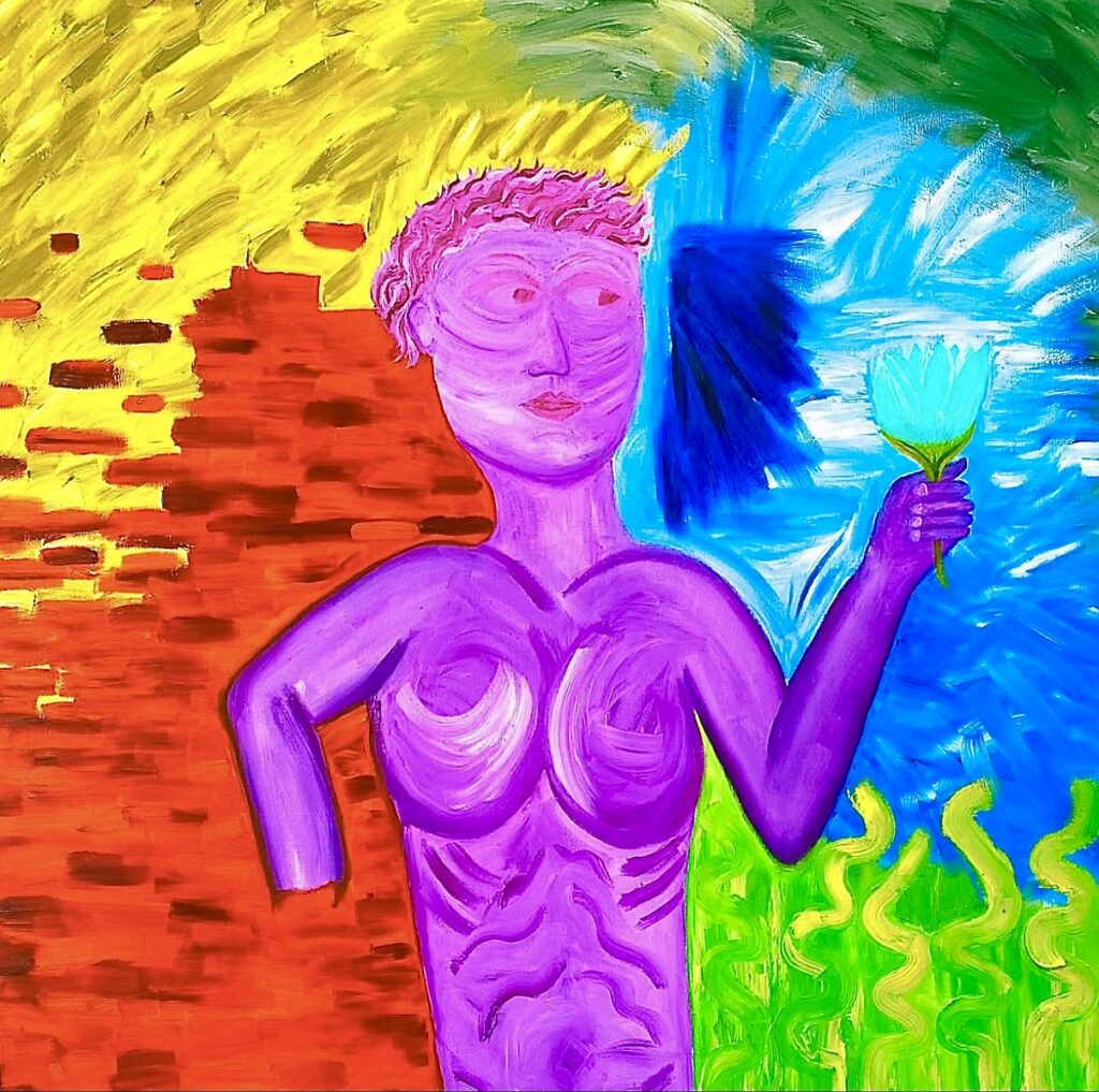 WOMAN WITH A FLOWER is a strikingly vibrant expression of contemporary romance in modern art, displayed through a distinctly chromatic lens. This piece represents a stylized depiction of a woman rendered in bright, bold colors reminiscent of Fauvism. The brushwork is expressive, the form slightly abstract—a nod to abstract expressionism and surrealism. The figure's severed right hand represents the lack of emotional control when one succumbs to romantic love—a deliberate, surreal detail. This emotionally charged painting juxtaposes romantic symbolism with surreal disruption. Through its vivid Fauvist palette and bold abstraction, the work invites viewers to explore themes of love’s passion—and its potential to unbalance us.