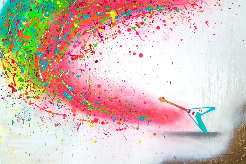 VISUAL RHYTHMS: "GIBSON FLYING V” is a vibrant, abstract interpretation inspired by the iconic Gibson Flying V electric guitar, most famously associated with Jimi Hendrix. The artwork is rendered in acrylic, oil, and spray paint on a wooden panel. At the center of the composition, the unmistakable V-shaped silhouette of the Gibson Flying V guitar emerges, stylized and fragmented into bold, geometric forms. The guitar’s angular body is accentuated by dynamic strokes and contrasting colors, evoking a sense of movement and musical energy. Surrounding the guitar, rhythmic patterns and layered textures pulse outward, suggesting sound waves or the visual energy of rock music.