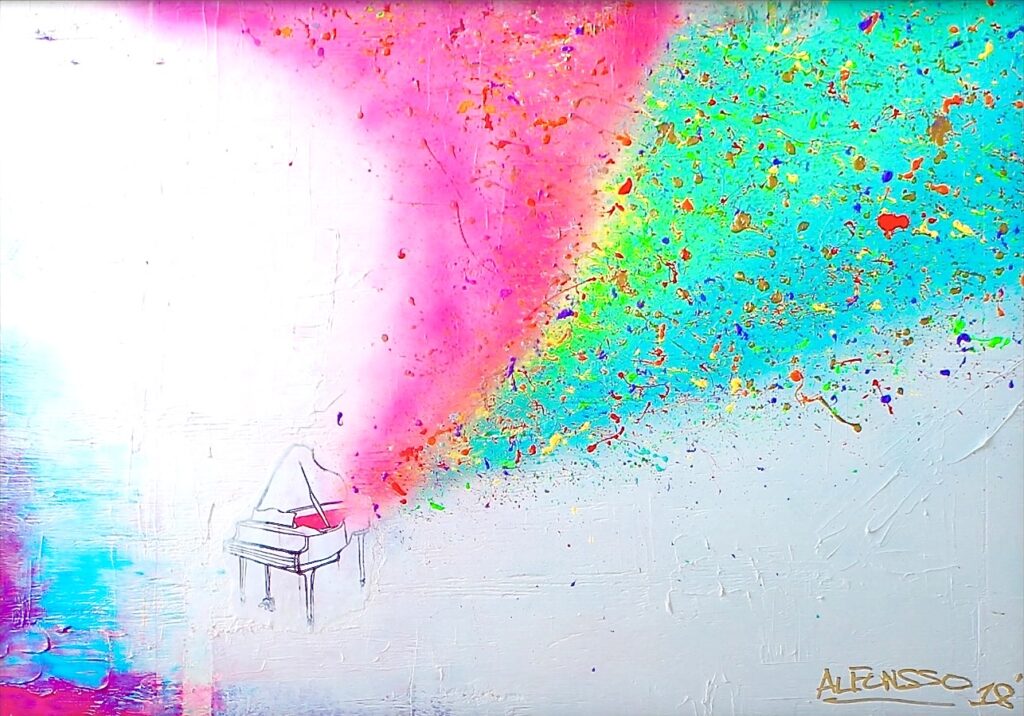VISUAL RHYTHMS: PIANO is a large-scale abstract painting that invites viewers to experience the harmony between sound and visual art. Rather than depicting a piano literally, the artwork uses bold, energetic forms and vibrant colors to evoke the emotional resonance and dynamic energy of music. Visual Elements Abstract Composition: The painting features a lively arrangement of shapes and lines, suggesting movement and rhythm reminiscent of musical notes or piano keys, but without any direct figurative representation. Color Palette: Alfonsso employs a technicolor-like effect with robust, contrasting hues—possibly including vivid blues, reds, yellows, and blacks—creating a sense of depth and vibrancy. Texture and Flow: The brushwork and layering of acrylic paint add texture, enhancing the sense of motion and rhythm throughout the piece. Mood: The overall effect is uplifting and dynamic, inviting viewers to interpret the visual rhythms as a metaphor for music, emotion, or life itself. Artistic Context Christopher Alfonsso is known for blending classical and modern art influences, often combining abstract and figurative elements. His works are informed by a wide range of cultural and artistic traditions, and he seeks to create a "unified theory of art" that merges realism, decoration, and abstraction. "VISUAL RHYTHMS: PIANO" exemplifies his approach, using color, form, and composition to evoke both personal and universal experiences.