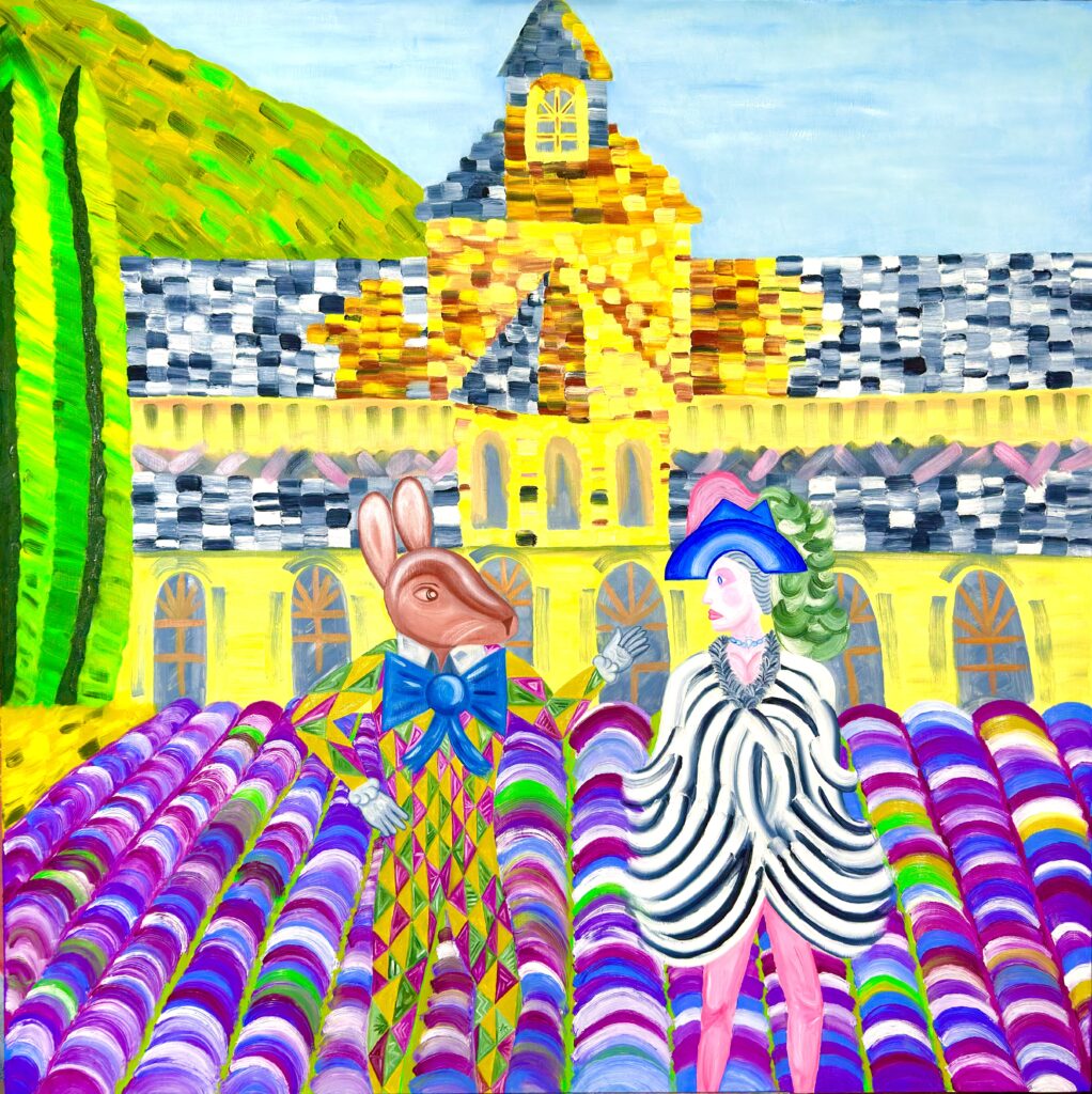 HARELQUIN & CHARLATAN WITH CYPRESSES is a vibrant oil painting on canvas, created by contemporary artist Christopher Alfonsso. The artwork depicts a curious and whimsical encounter between two figures set amidst the lavender fields of the Chateau l'Abbaye in the Provence region of France.  Composition Features:  Two Distinct Figures: One or both are likely adorned in harlequin-inspired attire, reflecting the painting's title. Their costumes may feature bold, geometric patterns and playful colors, evoking the spirit of classic commedia dell'arte characters.  Lavender Fields: The background is filled with lush, purple-hued lavender, creating a dreamy and aromatic atmosphere typical of Provence.  Neo-Classical and Modern Blend: Alfonsso's signature style is evident in the painting’s fusion of classical figurative elements with modern, abstract, and even surreal details. This approach results in a technicolor-like effect, with vibrant colors and dynamic brushwork.  Atmosphere: The scene is both lively and mysterious, inviting viewers to interpret the relationship between the characters and the narrative unfolding in this picturesque French landscape.  This painting was exhibited at the Orlando Museum of Art (OMA) in 2020, highlighting its recognition in the contemporary art scene. 