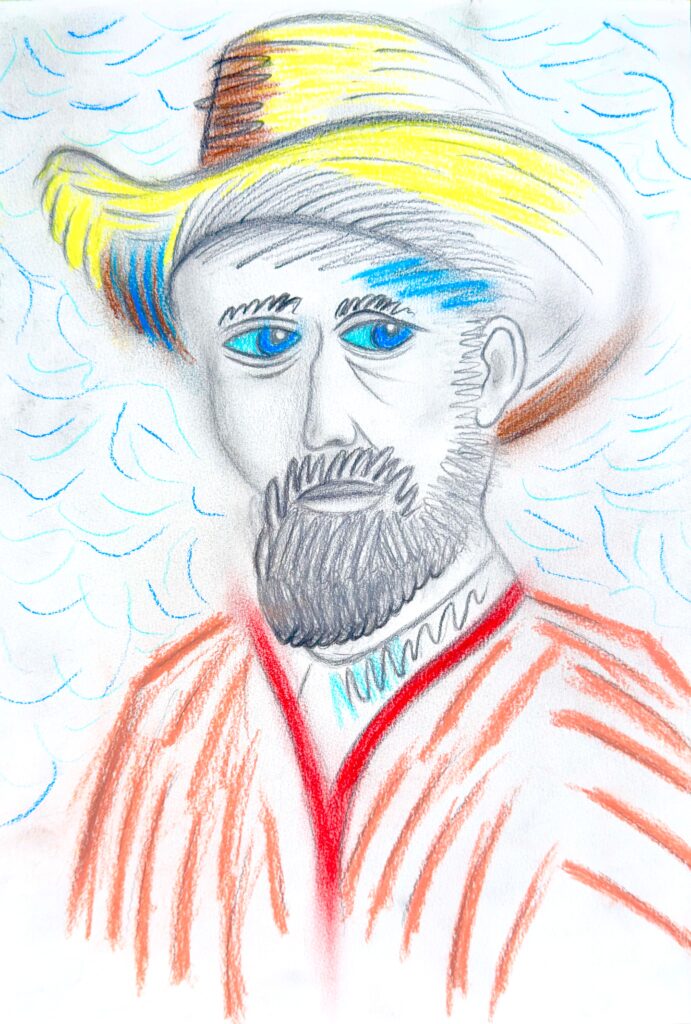 VINCENT VAN GOGH WITH A STRAW HAT is a sophisticated contemporary homage to of Vincent Van Gogh's famed Self Portrait in a Straw Hat, created in 1887. Notably, Pablo Picasso also created a painting late in his life titled "Head of a Man with Straw Hat" in 1971, which art historians and curators note is an homage and explicit reference to van Gogh’s distinctive style and his famous straw hat self-portraits. Through refined lines and nuanced shading, the portrait captures Van Gogh’s intense gaze and distinctive straw hat, translating historical subject matter through a modern lens.