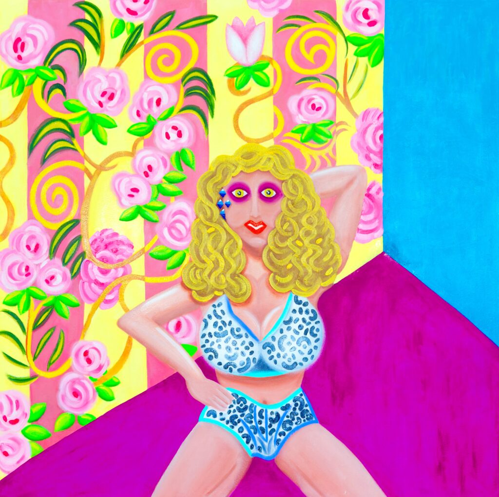 MODEL WITH BAROQUE WALLPAPER is an oil painting that provides a modern perspective on the pin-up model theme with a Baroque-style wallpaper background.