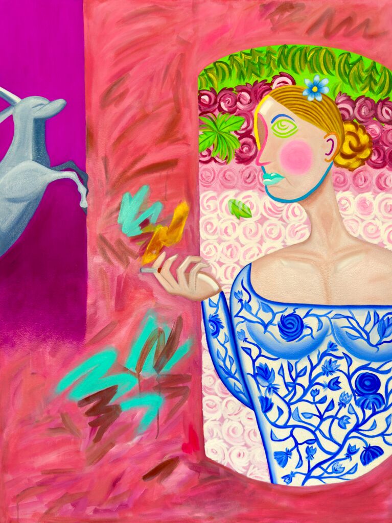 MATISSE’S DREAM is a vibrant, large-scale oil on canvas that immediately commands attention with its bold, ultra-surrealist style. The composition is a dynamic interplay of deconstructed and abstract forms, reminiscent of both Fauvist and modernist influences, paying homage to Henri Matisse’s love for color and expressive shapes. This painting provides a look into the mind of the artist, as expressed by way of deconstructed abstract subject matter coupled with a reassembled composition and a Fauvist color scheme. MATISSE’S DREAM is a one-of-a-kind, ultra-surrealist painting that fuses abstract and figurative elements with a bold Fauvist color palette. It’s a vibrant, emotionally charged work that invites viewers to immerse themselves in its complexity and beauty, offering a modern tribute to Matisse’s pioneering spirit.