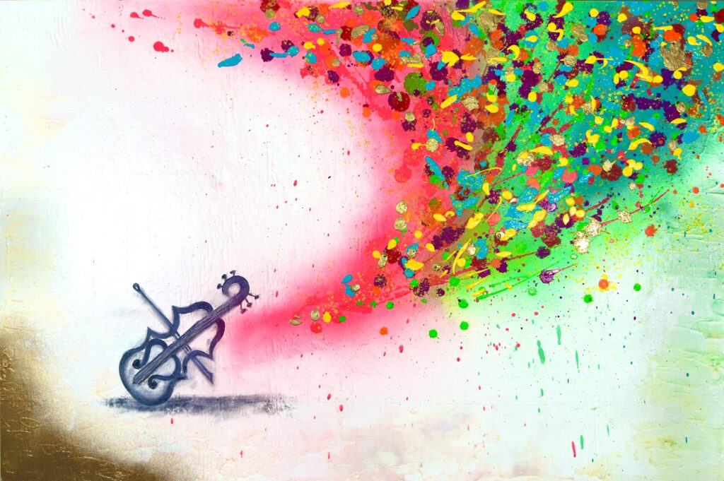 The composition of VISUAL RHYTHMS: VIOLIN is characterized by vibrant, splashing and swirling patterns that evoke the fluidity and emotion of a violin performance. The interplay of colors and forms suggests movement and rhythm, inviting viewers to experience the harmony between sound and visual art. The absence of a literal depiction of the violin allows the viewer to focus on the emotional resonance and energy conveyed through abstract forms and bold colors. This artwork is a contemporary exploration of how music can be translated into visual language, offering a multi-sensory experience that bridges auditory and visual art forms.