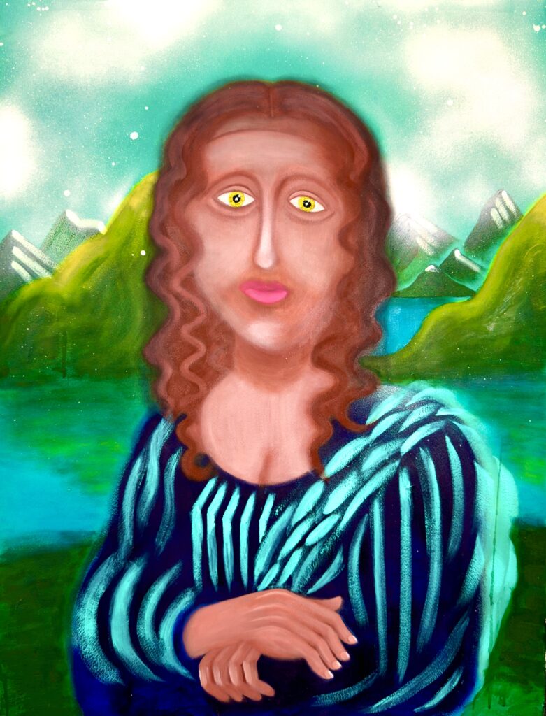 Contemporary oil and aerosol painting on Arches paper reinterpreting the Mona Lisa with vibrant teal and green landscape, yellow eyes, striped blue and turquoise Renaissance-inspired garment, and mountain background — original fine art mixed media work on paper, 30x22 inches.