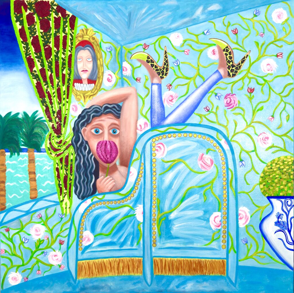 WOMAN IN A BAROQUE CHAIR (BLEU) depicts a vibrant interior scene centered on a woman seated in an ornate, baroque-style chair. The chair itself is lavishly detailed, with elegant curves and decorative flourishes typical of baroque furniture, rendered in rich, bold lines and hues. The woman, poised and contemplative, is positioned near an open window. Through the window, a serene beach landscape is visible, with soft blue tones suggesting the sky and sea, evoking the relaxed, sunlit ambiance of the South of France. The use of color is striking—bright, saturated blues dominate the composition, creating a pop-art effect that feels both modern and timeless. 