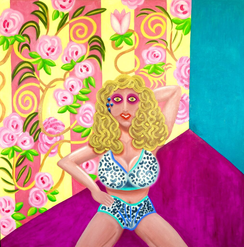MODEL WITH BAROQUE WALLPAPER is an oil painting that provides a modern perspective on the pin-up model theme with a Baroque-style wallpaper background.
