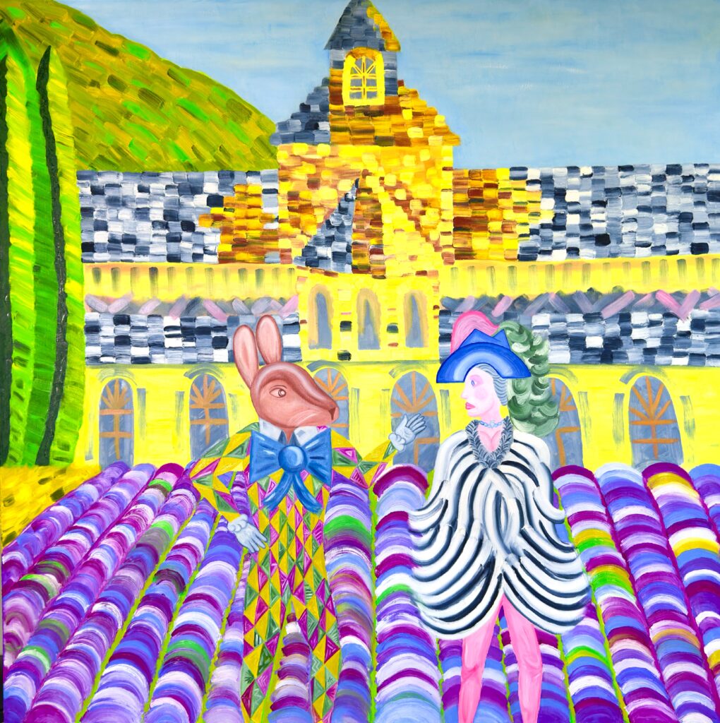 HARELQUIN & CHARLATAN WITH CYPRESSES is a vibrant oil painting on canvas, created by contemporary artist Christopher Alfonsso. The artwork depicts a curious and whimsical encounter between two figures set amidst the lavender fields of the Chateau l'Abbaye in the Provence region of France.  Composition Features:  Two Distinct Figures: One or both are likely adorned in harlequin-inspired attire, reflecting the painting's title. Their costumes may feature bold, geometric patterns and playful colors, evoking the spirit of classic commedia dell'arte characters.  Lavender Fields: The background is filled with lush, purple-hued lavender, creating a dreamy and aromatic atmosphere typical of Provence.  Neo-Classical and Modern Blend: Alfonsso's signature style is evident in the painting’s fusion of classical figurative elements with modern, abstract, and even surreal details. This approach results in a technicolor-like effect, with vibrant colors and dynamic brushwork.  Atmosphere: The scene is both lively and mysterious, inviting viewers to interpret the relationship between the characters and the narrative unfolding in this picturesque French landscape.  This painting was exhibited at the Orlando Museum of Art (OMA) in 2020, highlighting its recognition in the contemporary art scene. 