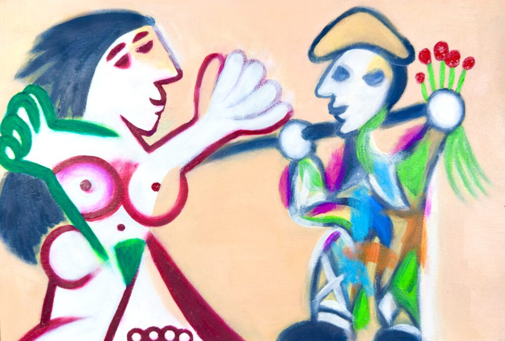 NUDE WITH HARLEQUIN is a variation on a cubist painting by Pablo Picasso that was created in 1970, three years before his death in 1973.
